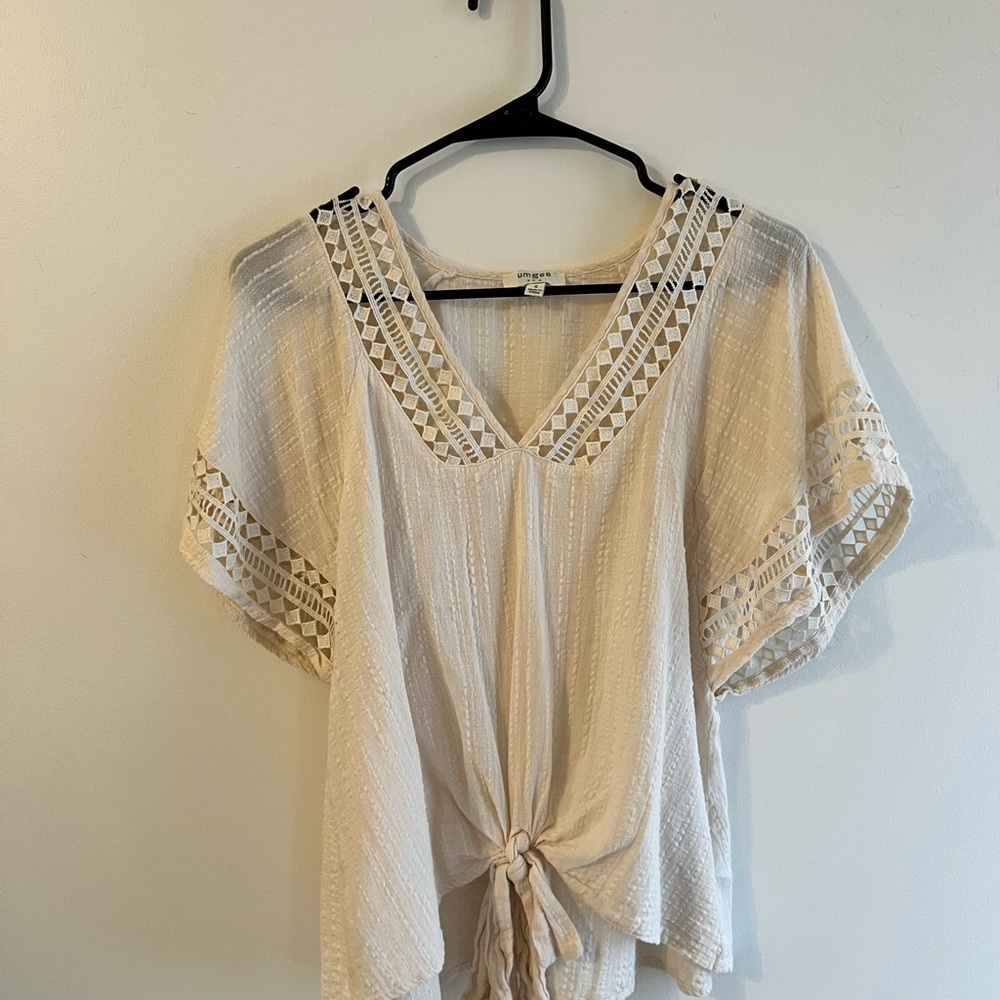 Umgee Cream Blouse with Flutter Sleeves and Tie Front